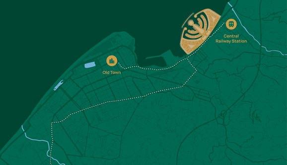 Mapa polohy Ambassadori Island Batumi — ostrov, historické centrum a železničná stanica