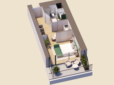 Izometrický pôdorys štúdiového apartmánu, 37,10 m²