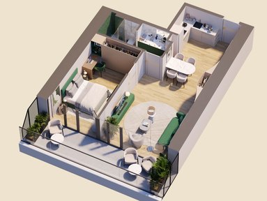 Izometrický pôdorys 1-spálňového apartmánu, 53,45 m²