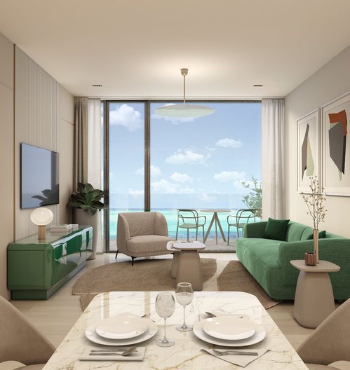 Interiér 1-spálňového apartmánu — obývací priestor s panoramatickými oknami