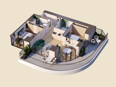 Izometrický pôdorys 2-spálňového apartmánu, 108,40 m²