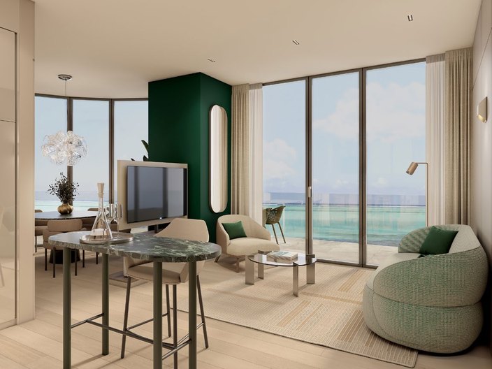 Interiér 2-spálňového apartmánu — obývacia časť s výhľadom na Čierne more