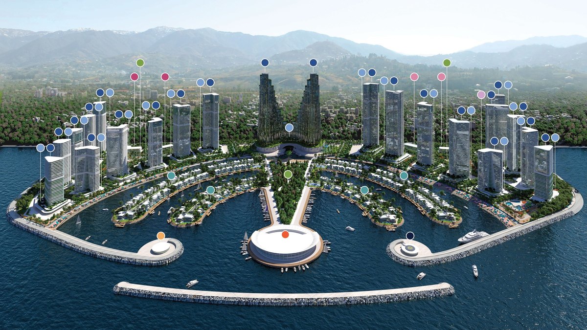Ambassadori Island Batumi — rozmiestnenie funkčných zón na ostrove, farebné body zodpovedajú zoznamu nižšie
