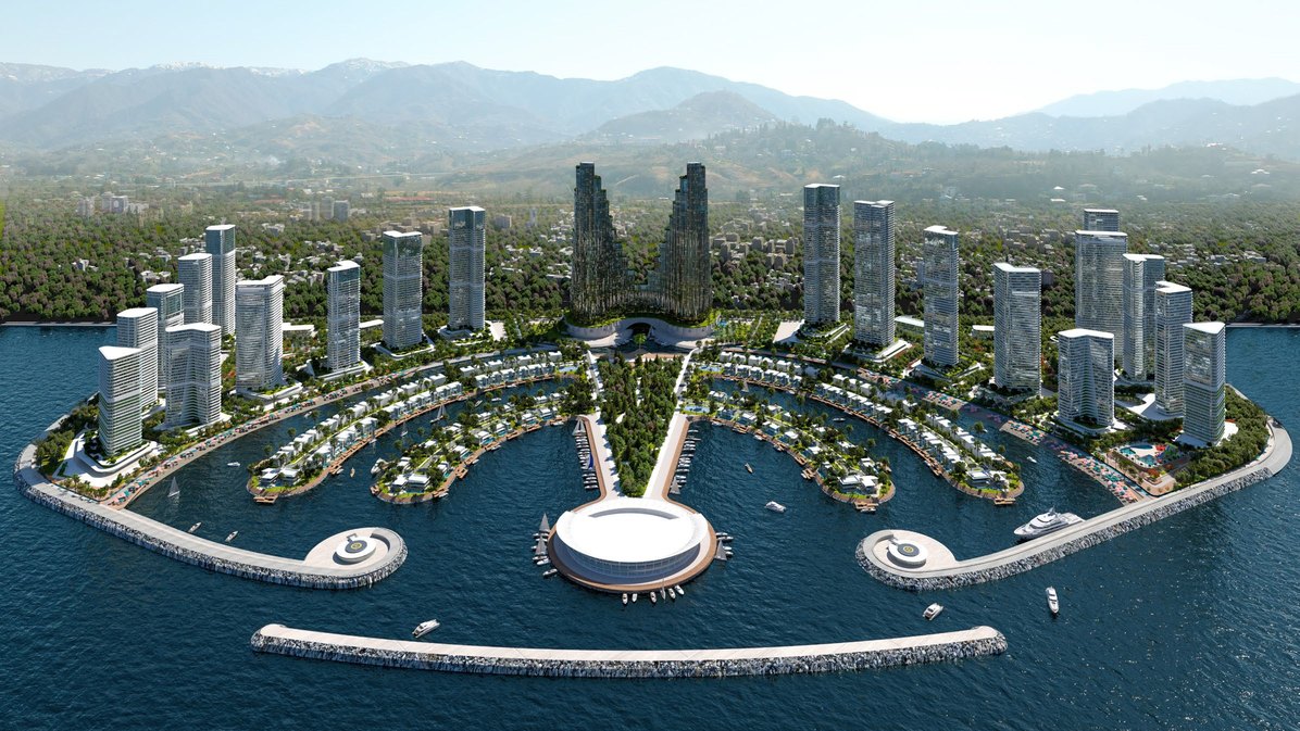 Ambassadori Island Batumi — letecký pohľad na celý ostrov s marínou, vilami a rezidenčnými vežami