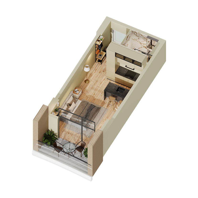 Izometrický pôdorys štúdia, 35 m²