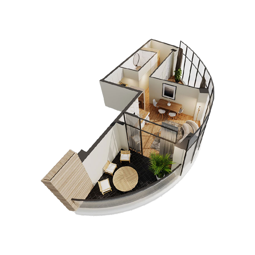 Izometrický pôdorys 2-izbového bytu, 58 m²