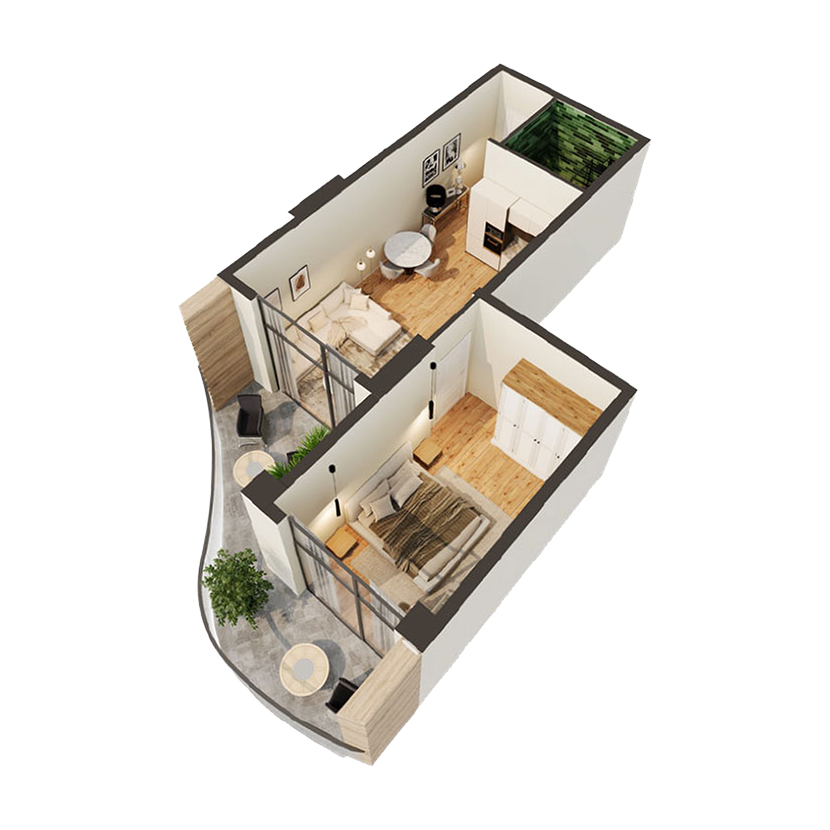 Izometrický pôdorys prémiového apartmánu, 55 m²