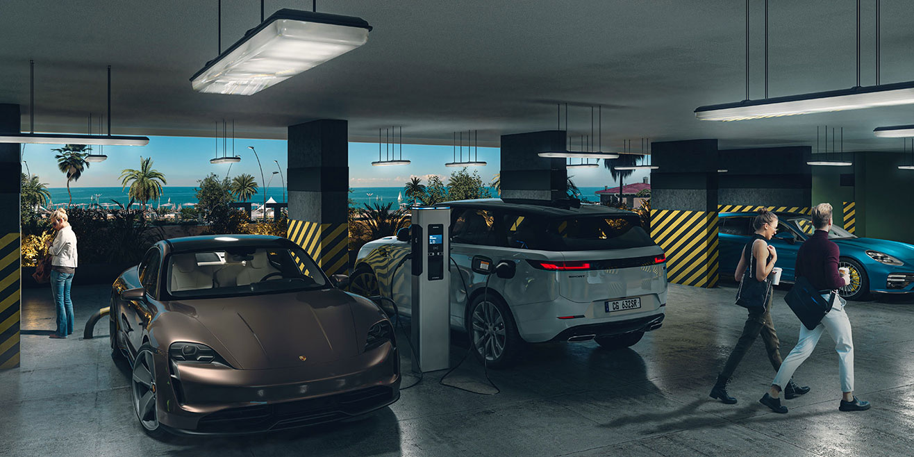 Krytá garáž s nabíjacími stanicami pre elektromobily