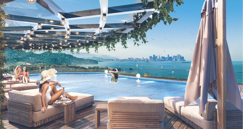 Strešná terasa s bazénom a otvoreným barom, výhľad na Batumi