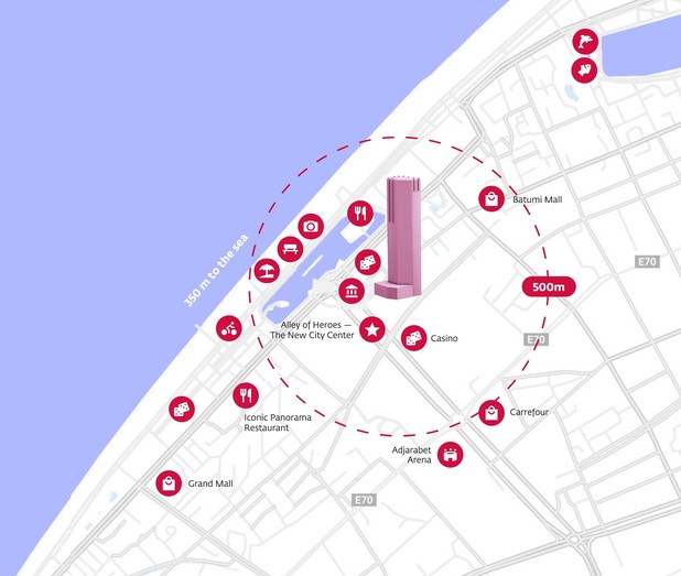 Mapa Ramada Residences Batumi — vzdialenosti k atrakciám