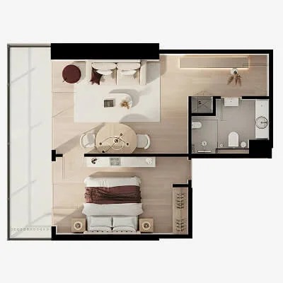 Pôdorys 1-izbového bytu — 53 m²