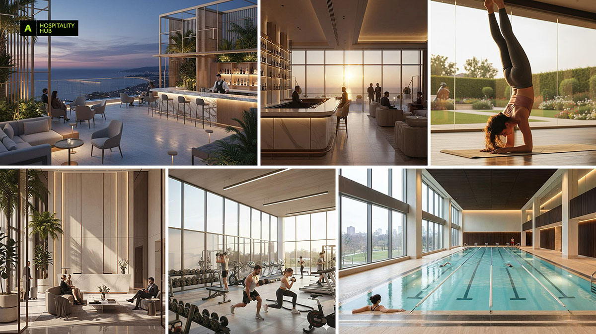 Hotelové centrum — bazén, fitness, sky bar, lobby
