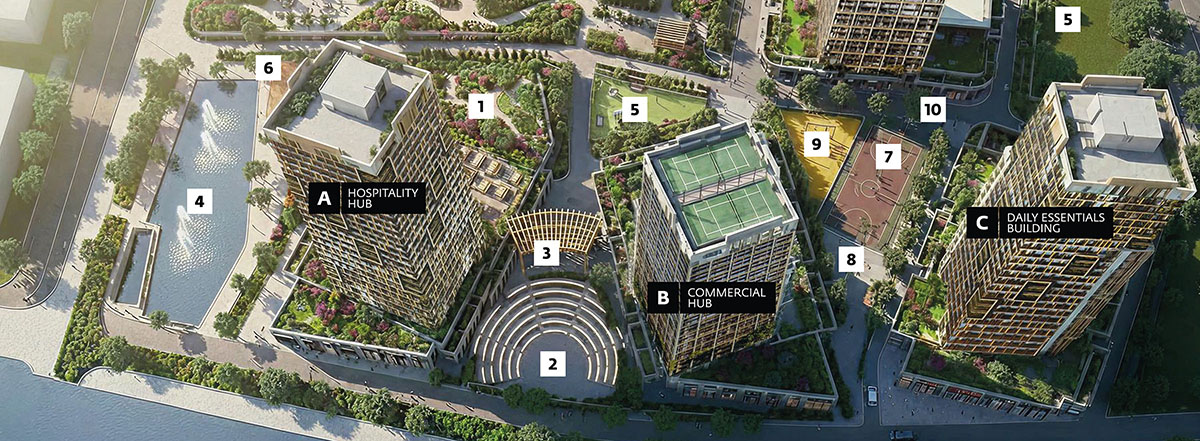 Masterplan komplexu SportCity s označenými budovami a zónami